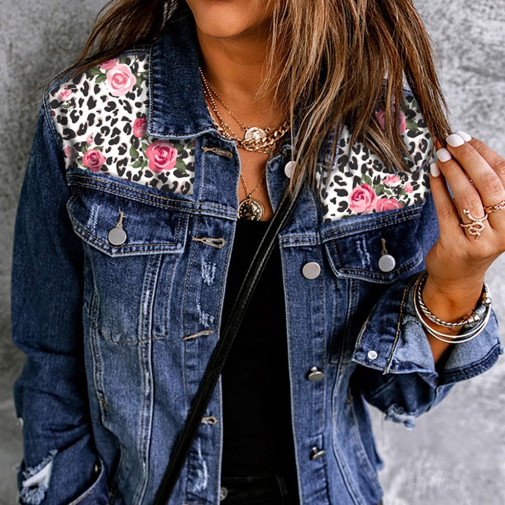 NWT - Mixed Print Distressed Button Front Denim Jacket